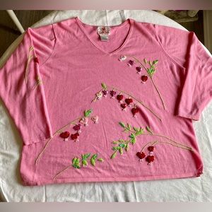 Vintage Quacker Factory 2X Pink Long-Sleeved Knit Tunic w/Sparkly Flowers